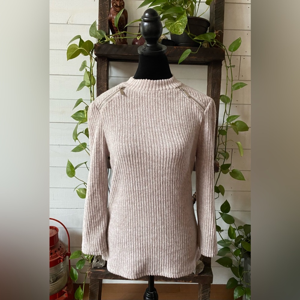 Olivia Blu: Cream Tan Soft Sweater with Zippers at Collar - Picture 6 of 17
